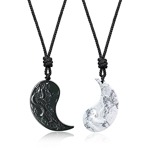 Obsidian Dragon & Phoenix Yin Yang Pendant Necklaces for Couples