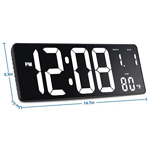 14.5" Large Digital Wall Clock w/ Jumbo LED Number Display, Auto DST, Date, Indoor Temperature