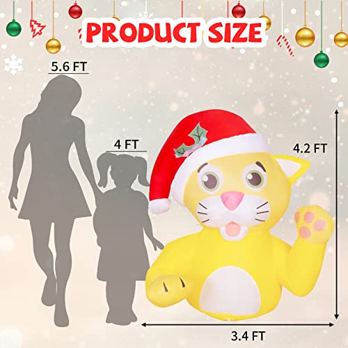 4.2 FT Christmas Inflatables Yellow Cat Wears Christmas Hat w/ LEDS