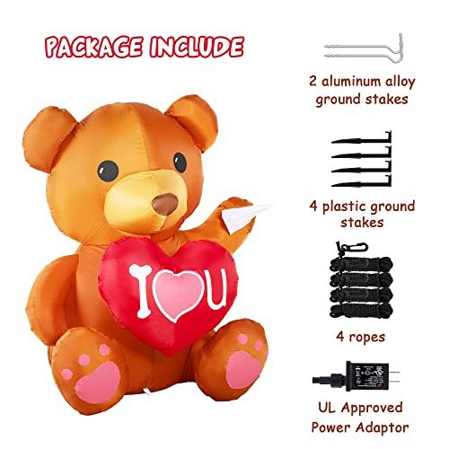 4 FT Valentines Day Inflatable Outdoor Decorations, Teddy Bear w/ Build-in LED Lights