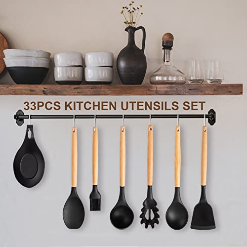 33 PCS Silicone Kitchen Cooking Utensils Set - Wooden Handles