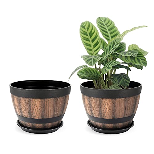 9 Inch Plant Pots w/ Drainage Holes & Saucer,2 Pack Brown