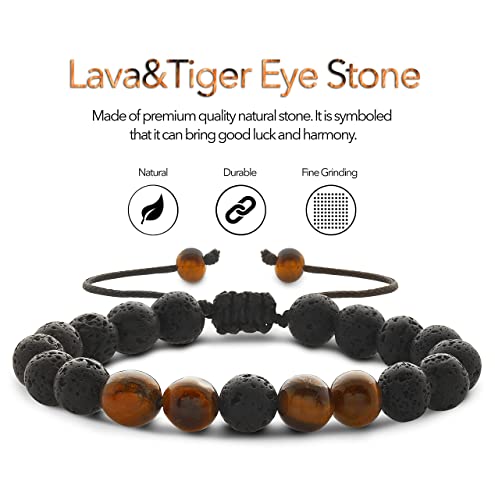 2 Pcs Tiger Eye Crystal Bracelet & Lava Rock Stone Bracelet for Men & Women