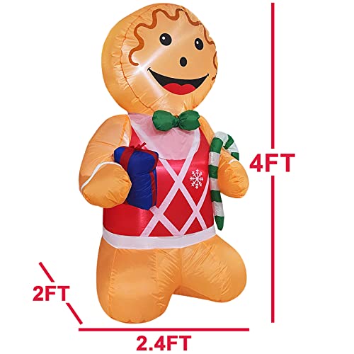 4 Foot Christmas Inflatables Gingerbread Man Christmas Decoration Outdoor Blow up Candy Cane Gift Box with LED Lights