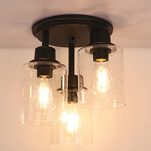 Semi Flush Mount Ceiling 3-Light Fixtures, w/ Clear Seeded Glass Shade