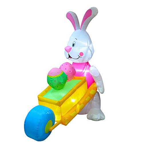 6 FT LED Easter Inflatable Decoration Bunny Rabbit Pushing Wheelbarrow w/ Eggs