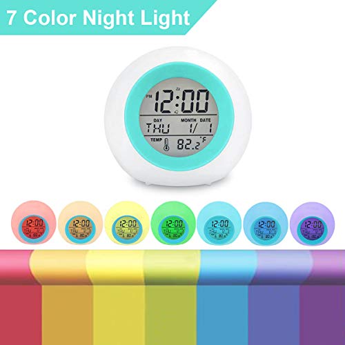 Digital Alarm Clock, 7 Color Night Light, Snooze, Temperature Detect Batteries Operated