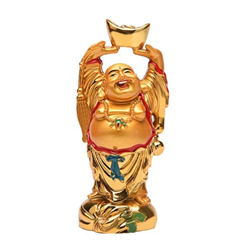 Feng Shui Resin Golden Laughing Buddha Holding Ingot Statue Wealth Luck 4.7''