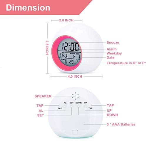 Digital Alarm Clock, 7 Color Night Light, Snooze, Temperature Detect Batteries Operated