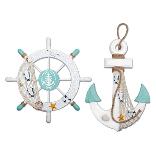 2 Pack 13" Nautical Beach Wooden Ship Wheel & 13" Wood Anchor w/ Rope