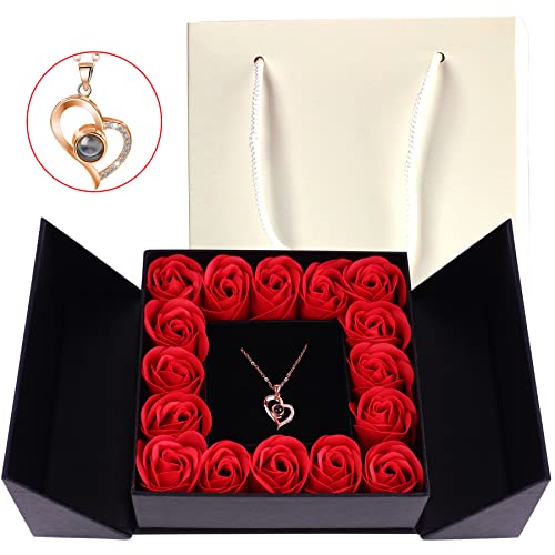 Real Red Rose w/ Love You Heart Necklace in 100 Languages, Valentine's Day Gift