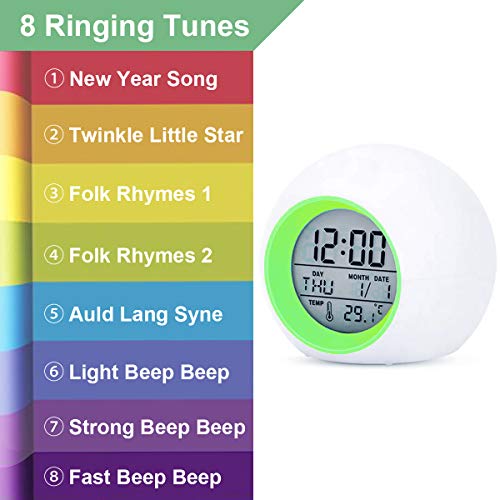 Digital Alarm Clock, 7 Color Night Light, Snooze, Temperature Detect Batteries Operated