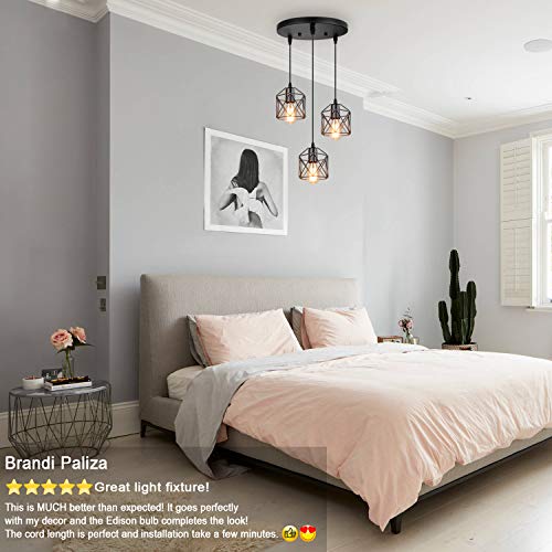 Industrial 3 Pendant Lighting, Adjustable Hanging Light Fixtures w/ Metal Caged E26 Base, Black