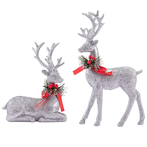 2 Pcs Standing and Lying Silver Christmas Reindeer Decor