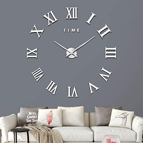Large 3D DIY Giant Roman Numerals Clock Frameless Mirror Big Wall Clock
