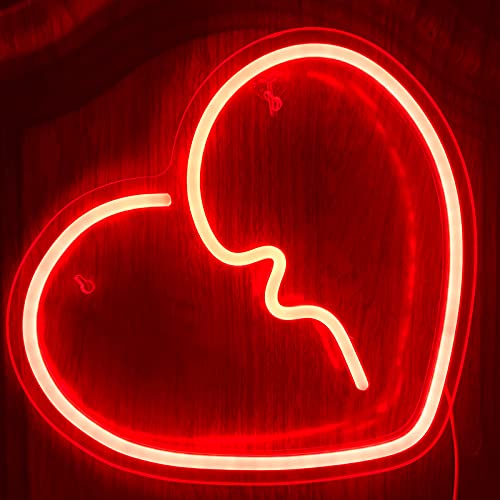 Broken Heart Neon Lights for Bedroom Wall Sign Decoration USB-Powered 14x12 Inch