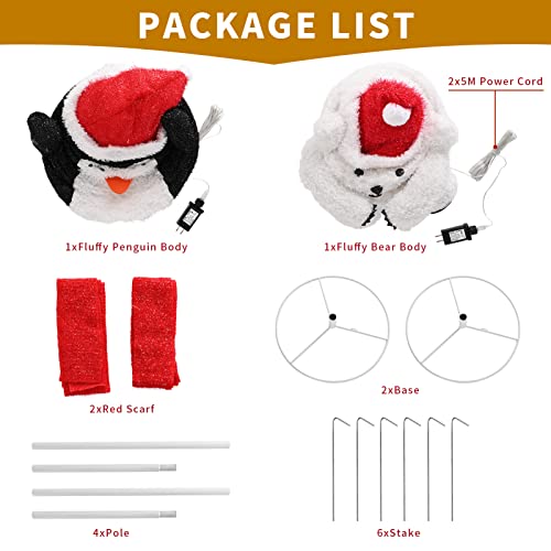 Set of 2- 31’’ Collapsible Fluffy Bear & Penguin w/ 100LT LED Lights, Christmas Holiday Decoration