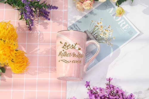 Best Mother In Law Coffee Mug Best 14 Ounce Pink w/ Gift Box Spoon Coaster