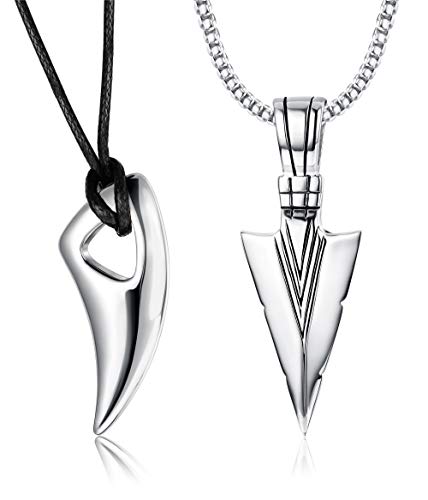 2Pcs Stainless Steel Pendant Necklace for Mens Spearpoint Arrowhead Wolf Teeth Pendant Chain Necklace Set