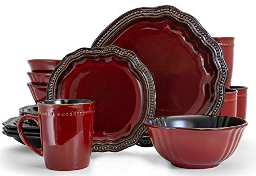 Round Stoneware High Class Dinnerware Full Service Set, Dark Red