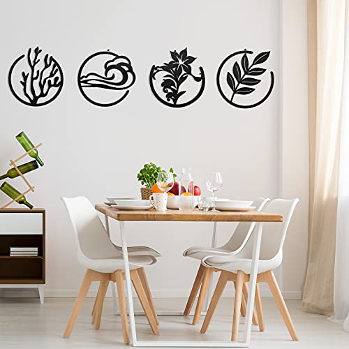 4 Pcs Black Wooden Wall Art Decoration 4 Elements Wooden Plaque Cloud Flower Leaf Tree