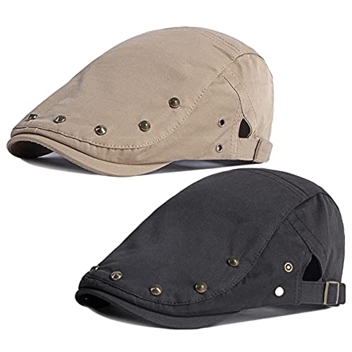 2 Pack Men's Cotton Flat Cap Ivy Gatsby Newsboy Hat (M)