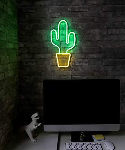 19” x 10” inch LED Neon Green Cactus w/ Yellow Planter Wall Sign for Cool Light, Wall Art Home Decoration