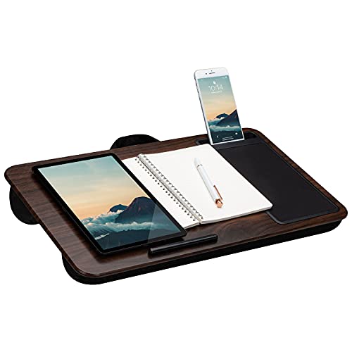 Home/Office Lap Desk w/ Device Ledge, Mouse Pad, & Phone Holder - Black -Fits Up to 15.6 Inch Laptops