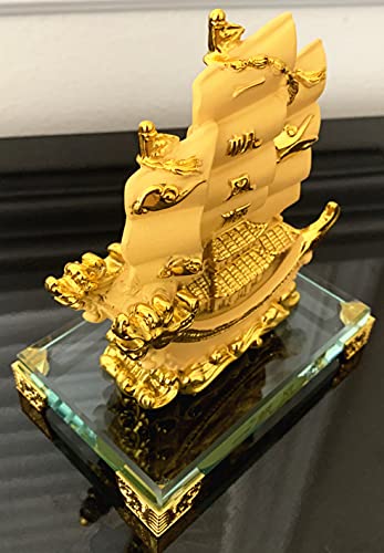 Feng Shui Gold Dragon Sailing Ship Statue Decor for Success and Fortune