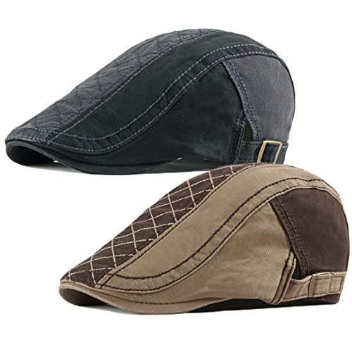 2 Pack Men's Cotton Flat Cap Ivy Gatsby Newsboy Hat (M)