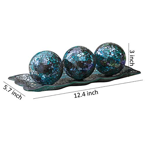 12.4” Mosaic Glass Decorative Tray Dish Plate w/ 3pcs 3" Decorative Orbs