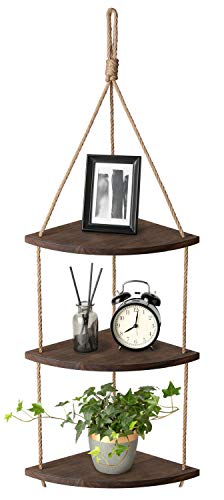 Hanging Corner Shelf 3 Tier Jute Rope Wood Wall Floating Shelves Rustic Organizer