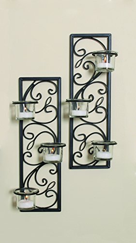 Set of Two 13.75 Inch High Black Iron Tealight Wall Sconce