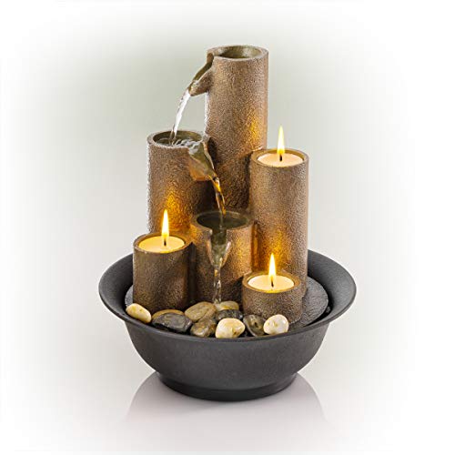 Tiered Column Tabletop Fountain w/ 3 Candles, 11 Inch Tall, Brown