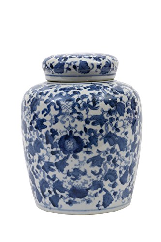 Decorative Blue & White Ceramic Ginger Jar w/ Lid