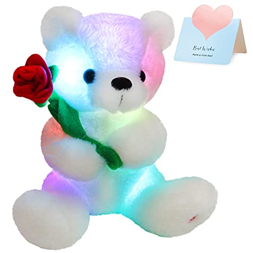 LED Light Up Teddy Bear with Rose Soft Plush White 10.5''