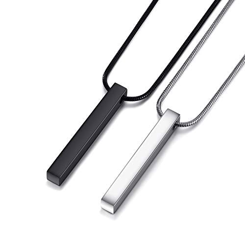 Couples Necklace Silver & Black Stainless Steel Bar Pendant Chain, Unisex