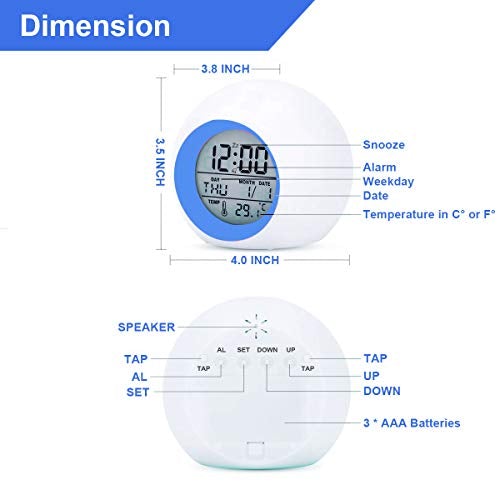 Digital Alarm Clock, 7 Color Night Light, Snooze, Temperature Detect Batteries Operated