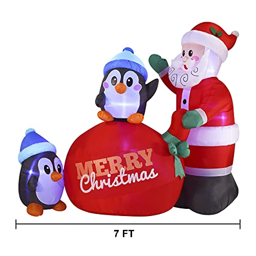 7 FT Long Santa with Penguins Inflatable with Build-in LEDs Blow Up Inflatables