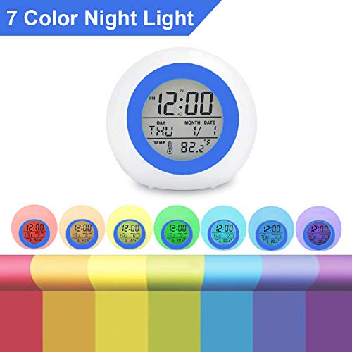 Digital Alarm Clock, 7 Color Night Light, Snooze, Temperature Detect Batteries Operated