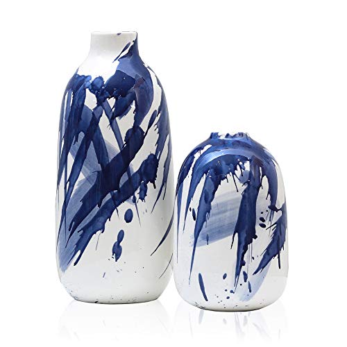 Oriental Blue & White Ceramic Vase Set of 2, Glazed Vases for Home Decoration, 7.2″ & 11.4″ Tall