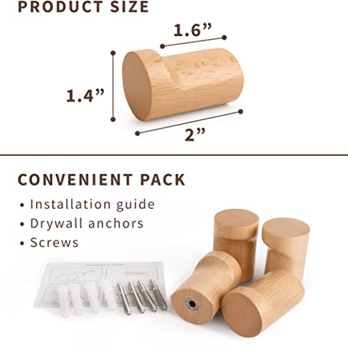 Natural Wooden Wall Hooks - Pack of 4