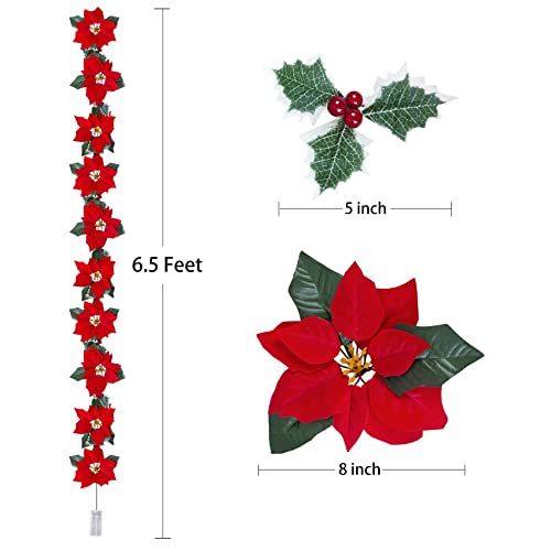 6.5 Feet Pre-Lit Velvet Artificial Poinsettia Christmas Garland with Lights & Red Berries Christmas Decor