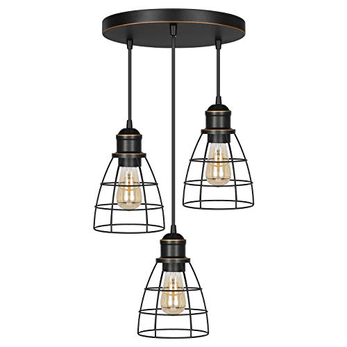 Industrial 3-Light Pendant Lighting, Adjustable Fixtures w/ ORB Metal Caged E26 Base