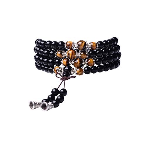 Tiger Eye Crystal Gemstone Bracelet Tibetan Buddhist Buddha Meditation 108 Obsidian Prayer Bead Bracelet