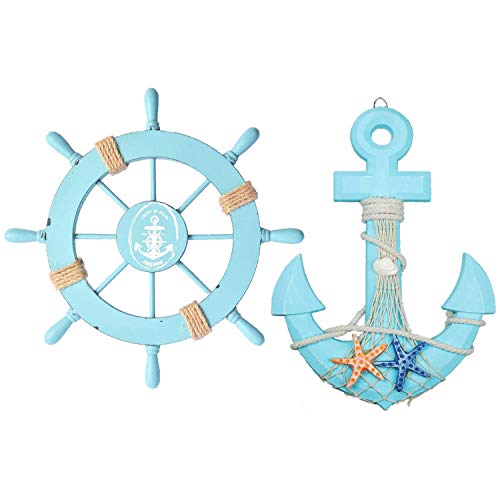 2 Pack 13" Nautical Beach Wooden Ship Wheel & 13" Wood Anchor w/ Rope