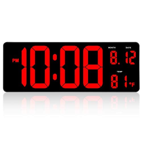 14.5" Large Digital Wall Clock w/ Jumbo LED Number Display, Auto DST, Date, Indoor Temperature