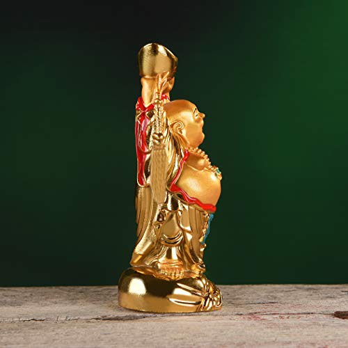 Feng Shui Resin Golden Laughing Buddha Holding Ingot Statue Wealth Luck 4.7''