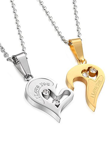 Couple Necklace Puzzle CZ Love Matching Heart Pendants
