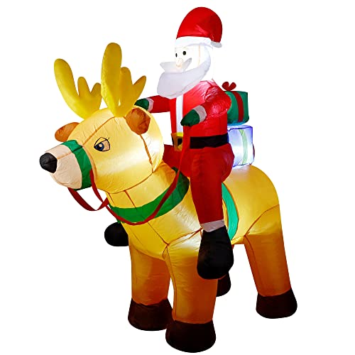 6 Ft Christmas Inflatable Santa Claus on Reindeer w/ Gift Box, LED Lights Christmas Blow up Decoration